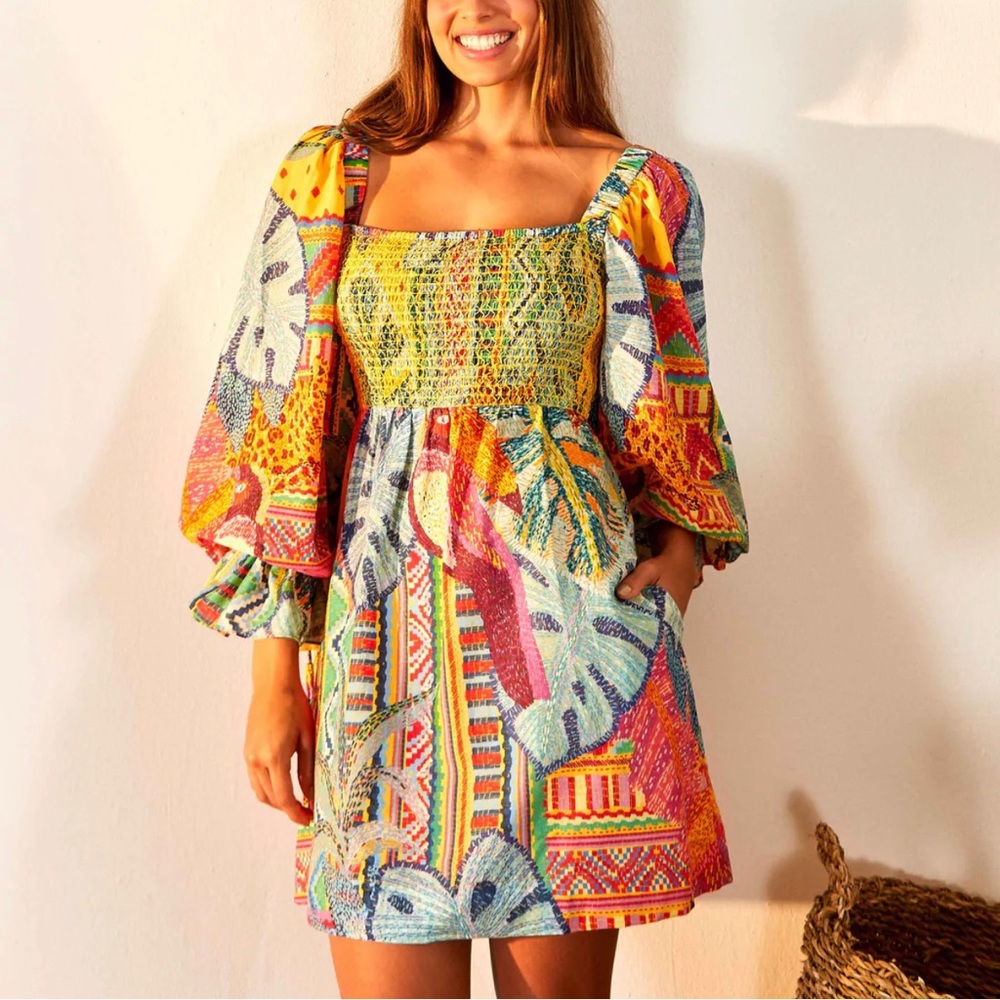 FARM RIO SUMMER TAPESTRY SMOCKED MINIDRESS